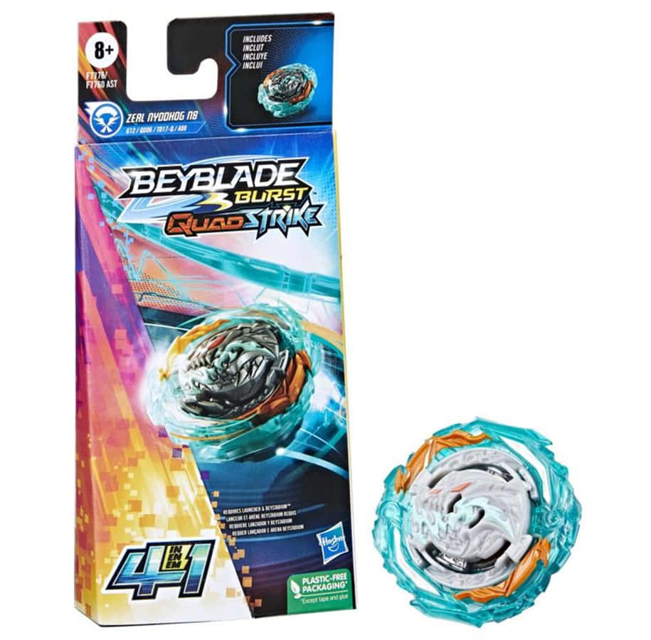 戰鬥陀螺爆裂 桌布 壁紙 — 一個Beyblade Burst QuadStrike玩具包裝，旁邊有一個龍主題的陀螺，背景為白色。
