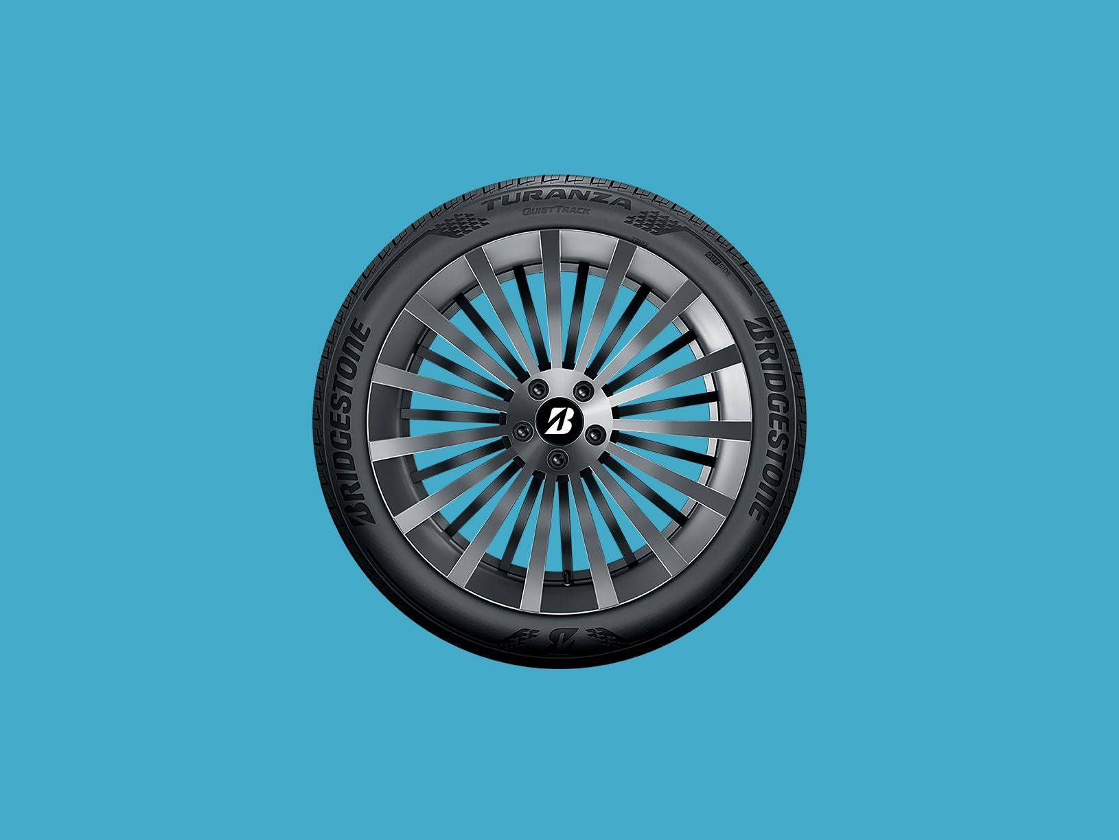 標誌 桌布 壁紙 — 一個Bridgestone Turanza輪胎，配以時尚的銀色多輻輪圈，置於純青色背景中央。