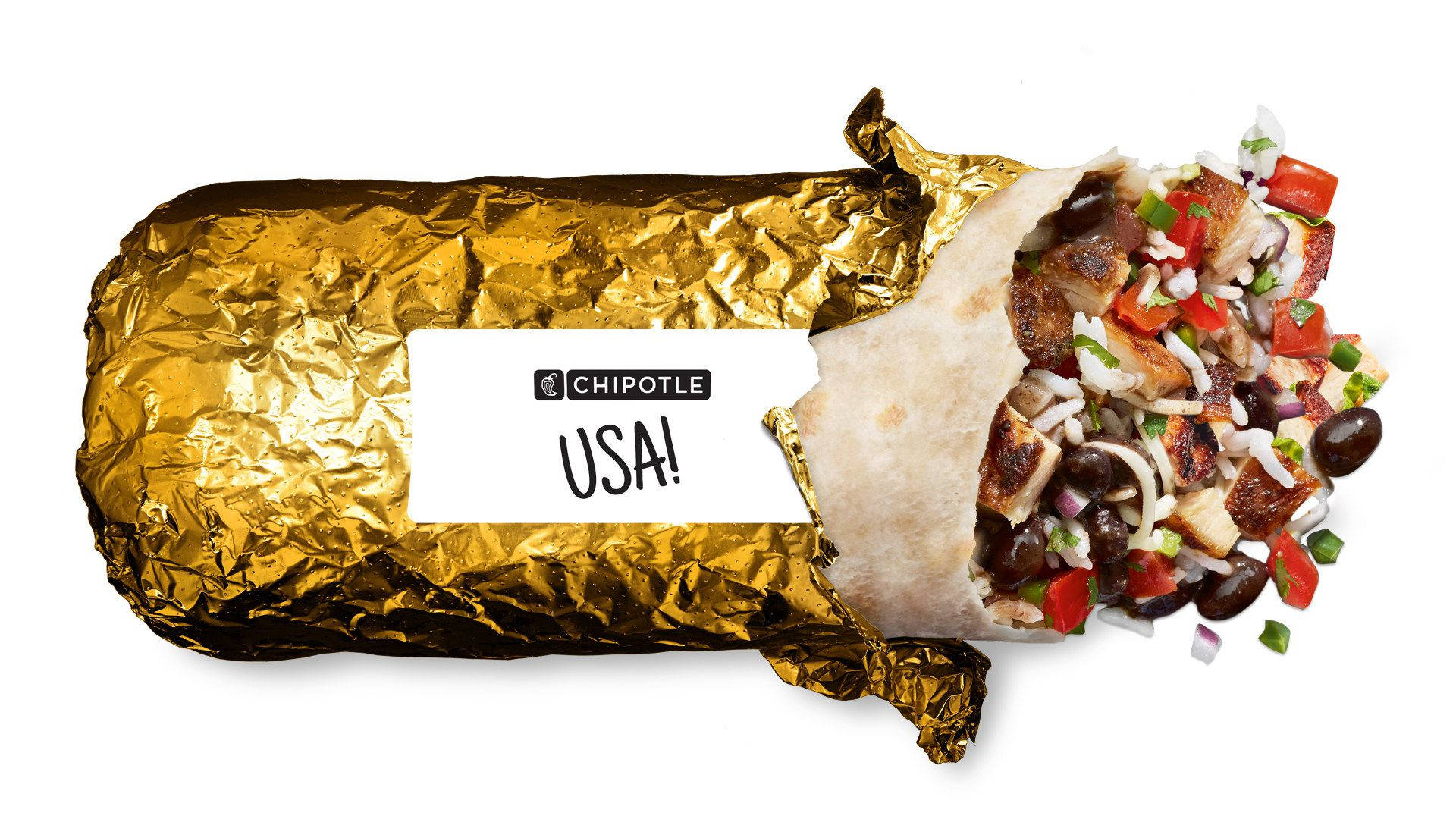 Foil 桌布 壁紙 — 一個Chipotle捲餅，包裹在皺巴巴的金箔紙中，帶有白色標籤寫著Chipotle USA!，半開的一端露出色彩繽紛的餡料。