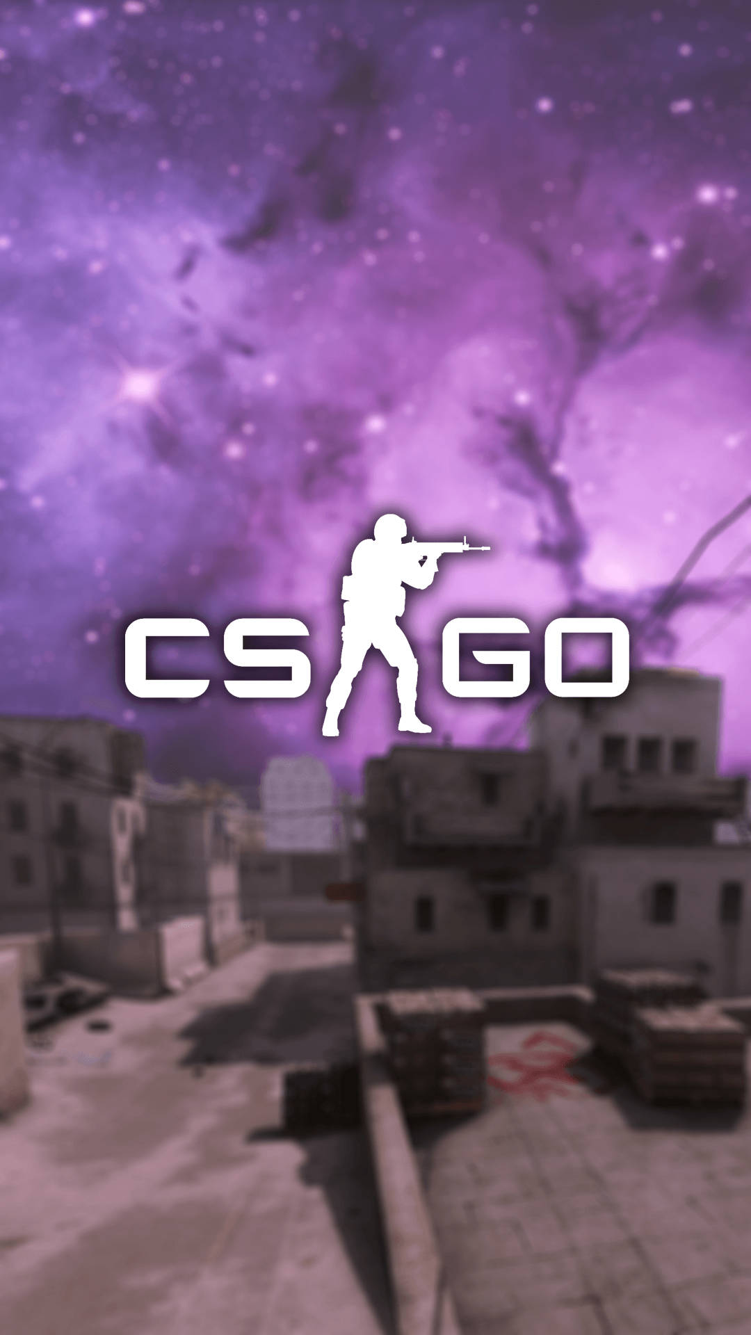cs go iPhone 桌布 壁紙 — 一個CS:GO玩家的白色剪影，手持步槍，站在模糊的城市地圖上，背景是充滿活力的紫色星空。