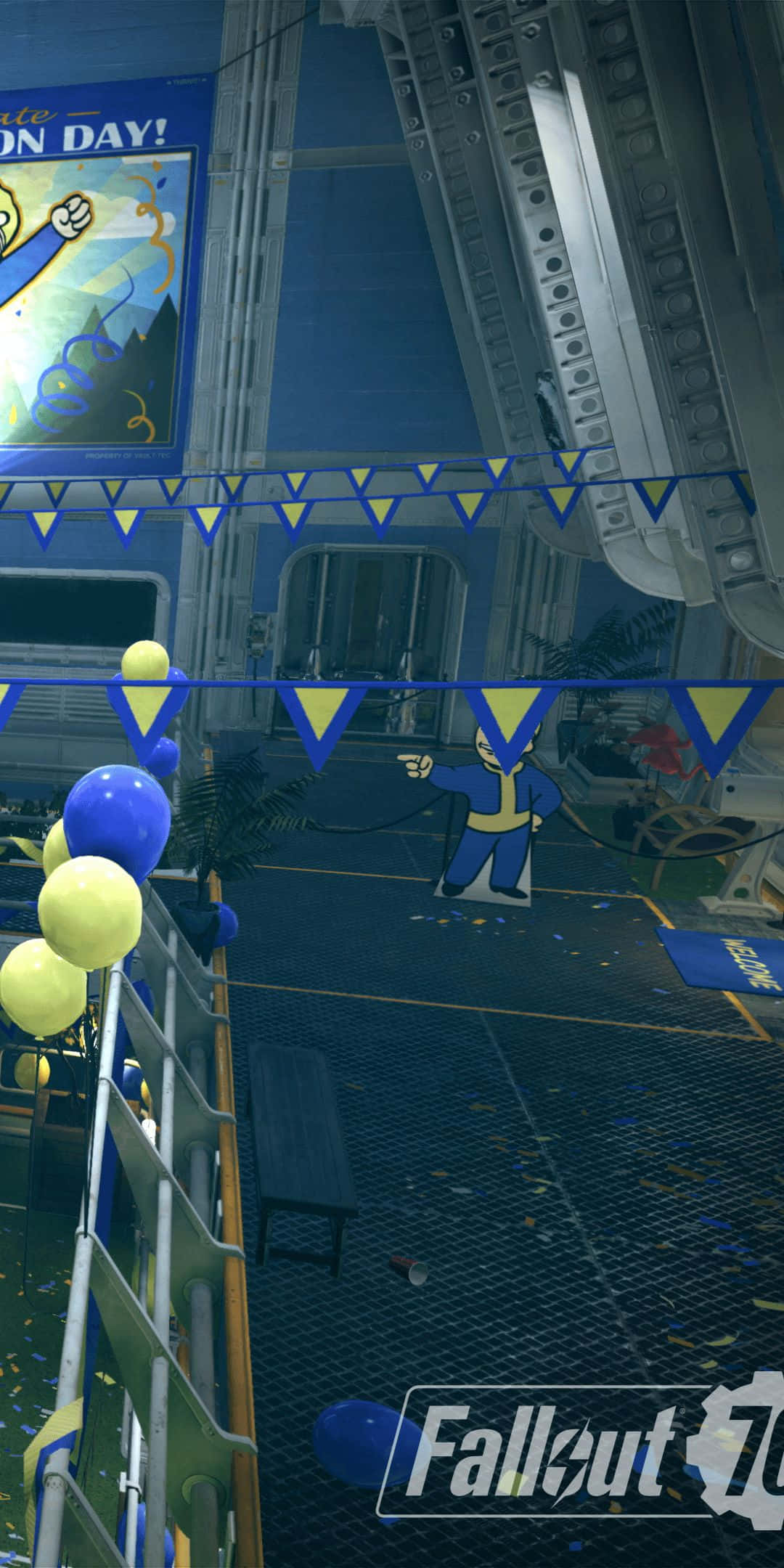 Pixel 3 Fallout 76 桌布 壁紙 — 一個Fallout 76避難所內部，裝飾著藍色黃色氣球、橫幅和Vault Boy剪影，用於慶祝活動。