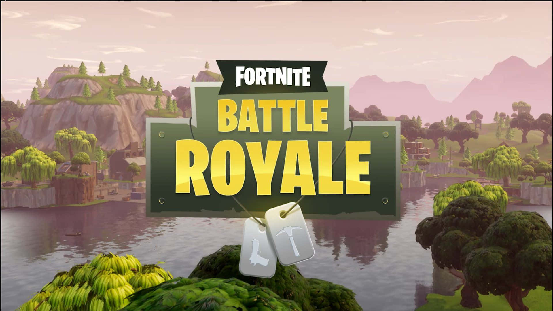 Fortnite 桌布 壁紙 — 一個Fortnite Battle Royale標誌懸掛在一個寧靜的湖泊上，周圍是茂密的綠樹和遠山，在日落時分。