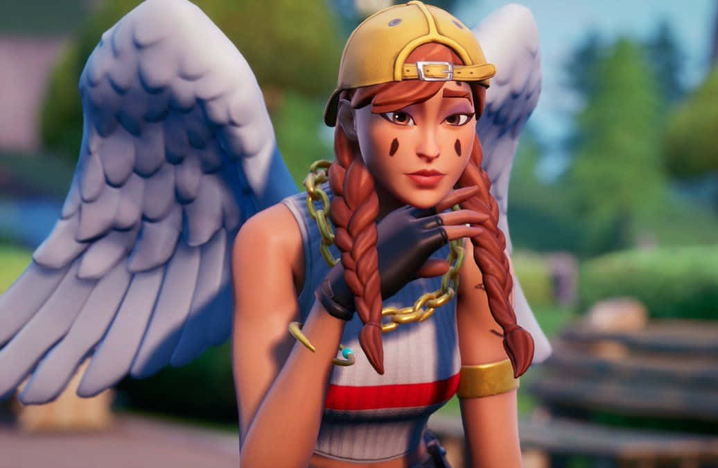 Fortnite 桌布 壁紙 — 一個Fortnite天使角色，編織頭髮和翅膀，在陽光明媚的戶外環境中自信地擺姿勢。