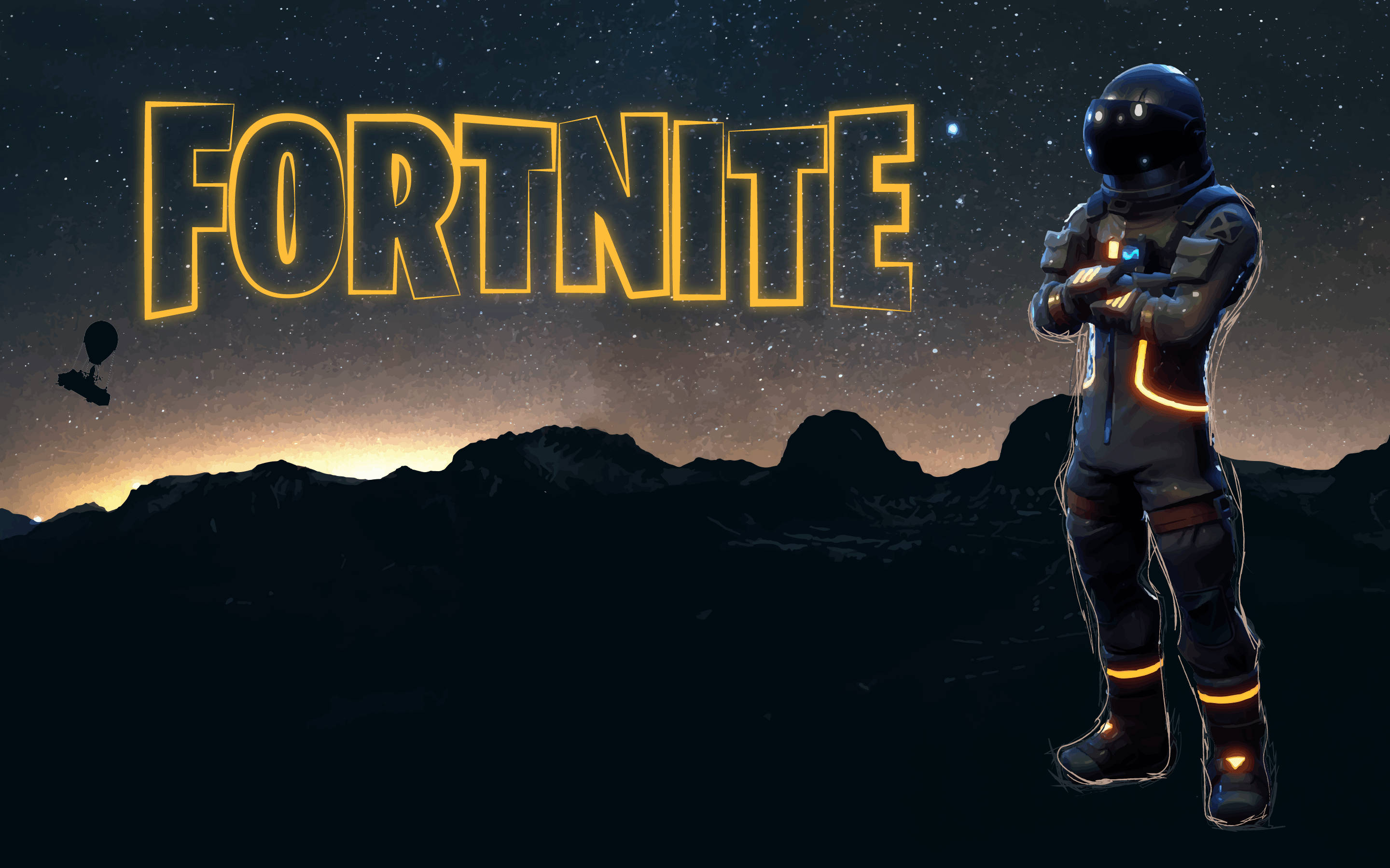 Fortnite Battle Royale 桌布 壁紙 — 一個Fortnite太空人站在星空下，帶有發光的黃色標誌和黃昏時遠處的山脈。