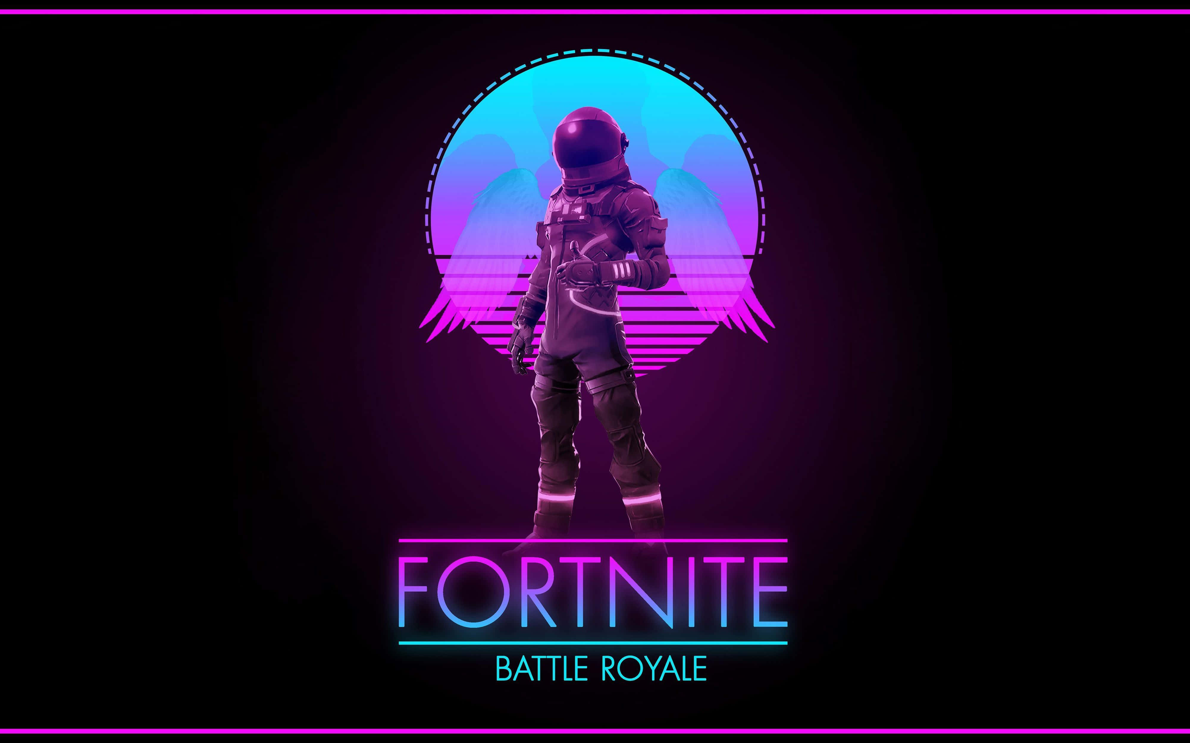 Fortnite 桌布 壁紙 — 一個Fortnite太空人站在發光的霓虹月亮前，帶有紫色和藍色漸變，遊戲標題在下方。