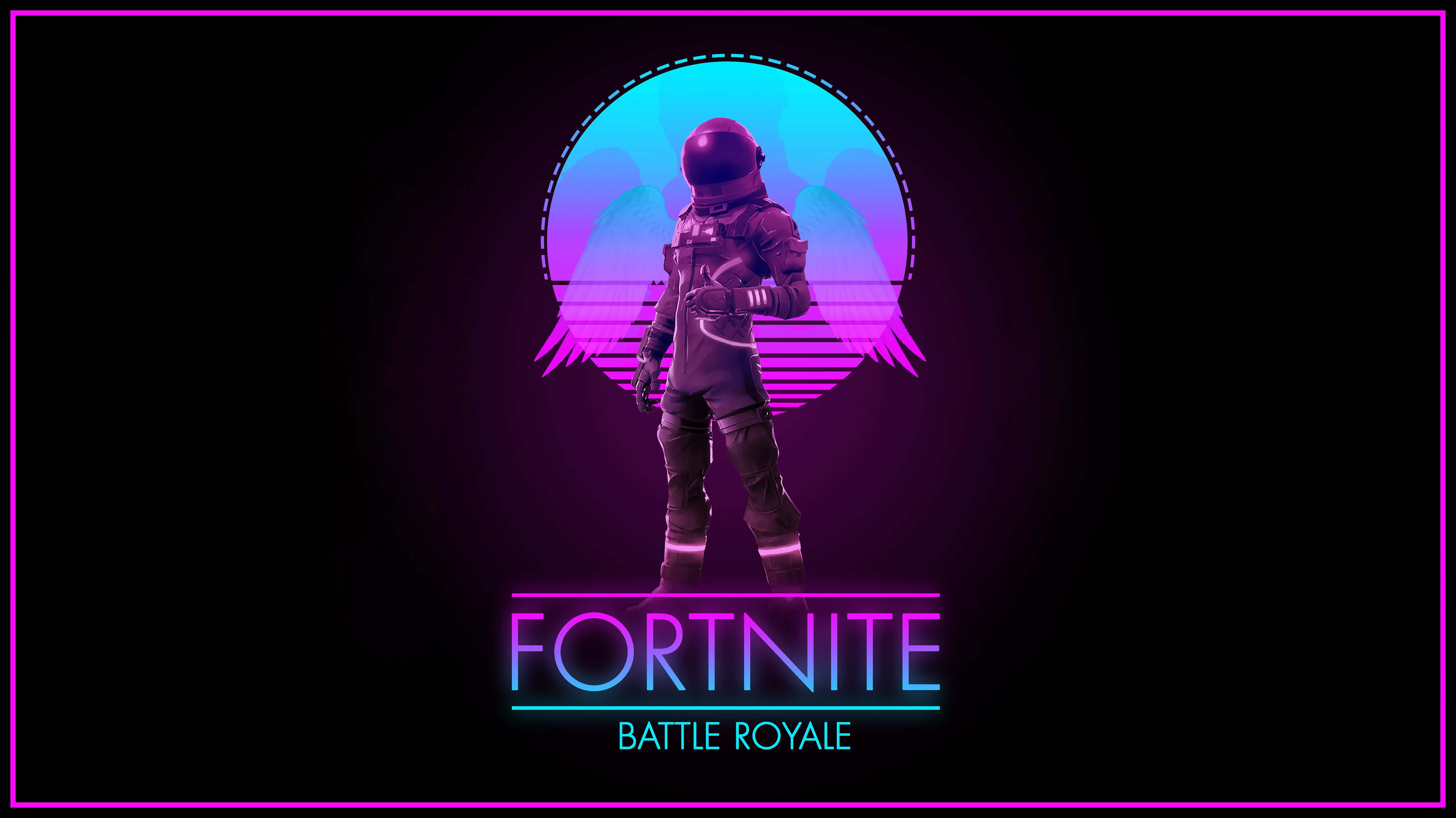 桌布 壁紙 — 一個Fortnite太空人站在發光的霓虹月亮前，月亮帶有紫色和藍色漸變，背景為黑色。