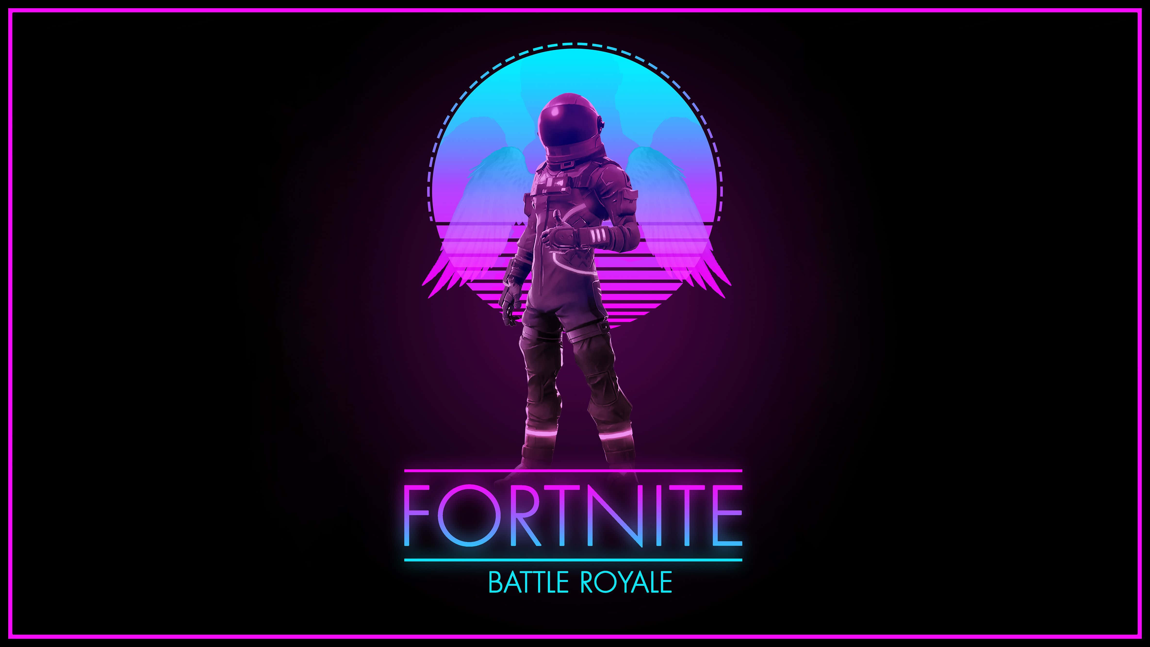 Fortnite Cool 桌布 壁紙 — 一個Fortnite太空人站在黑色背景前，面對著帶有紫色和藍色漸變的發光霓虹月亮。