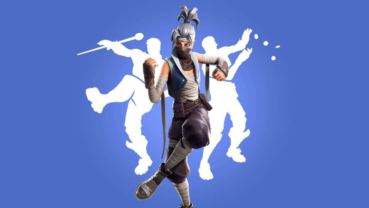 Silhouette 桌布 壁紙 — 一個Fortnite忍者角色以動態姿勢呈現，背後有白色戰士剪影，襯托純藍色背景。