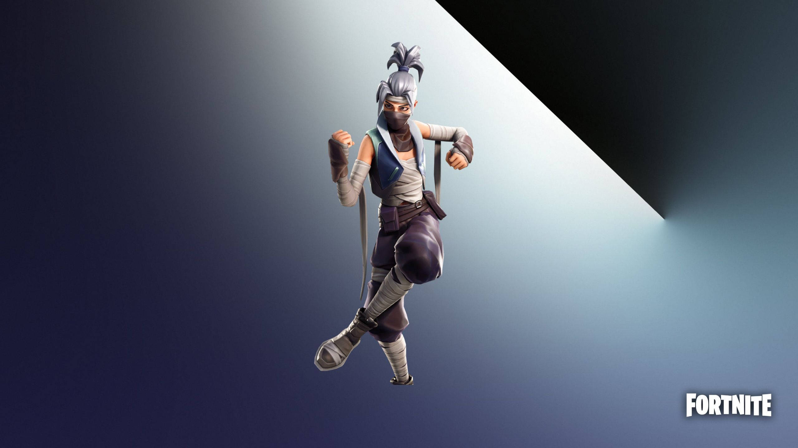 Fortnite 桌布 壁紙 — 一個Fortnite忍者角色在聚光燈下動態跳躍，背景為漸變藍色。