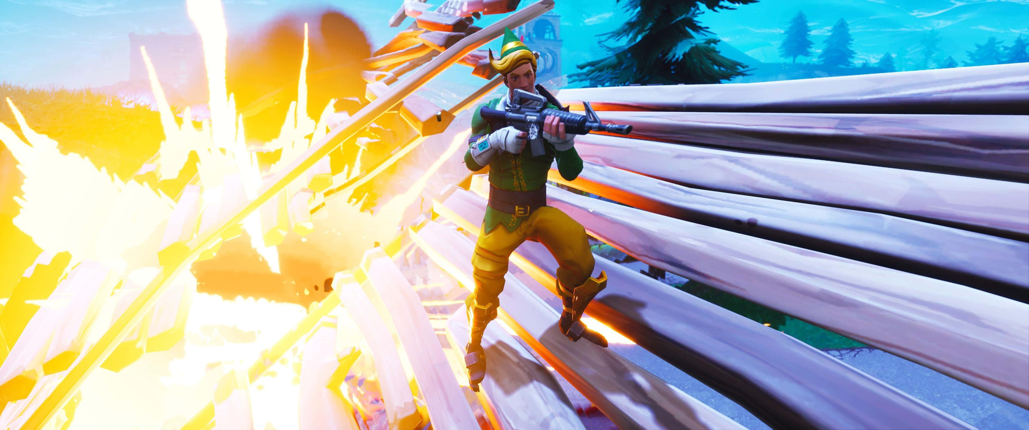 Fortnite 桌布 壁紙 — 一個Fortnite精靈角色在木結構上於猛烈爆炸中開火。