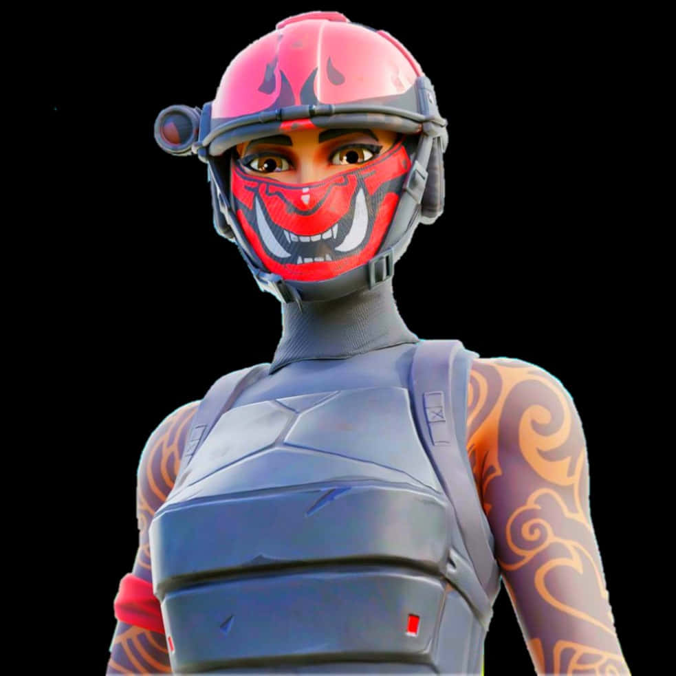手機 桌布 壁紙 — 一個Fortnite角色，戴著紅色火焰頭盔和灰色盔甲，手臂上有部落紋身，背景為黑色。