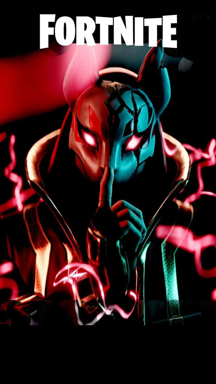 Fortnite Character 桌布 壁紙 — 一個Fortnite角色，擁有分裂的紅色和藍色發光面孔，在黑暗背景上帶有霓虹能量軌跡，將手指放在嘴唇上。