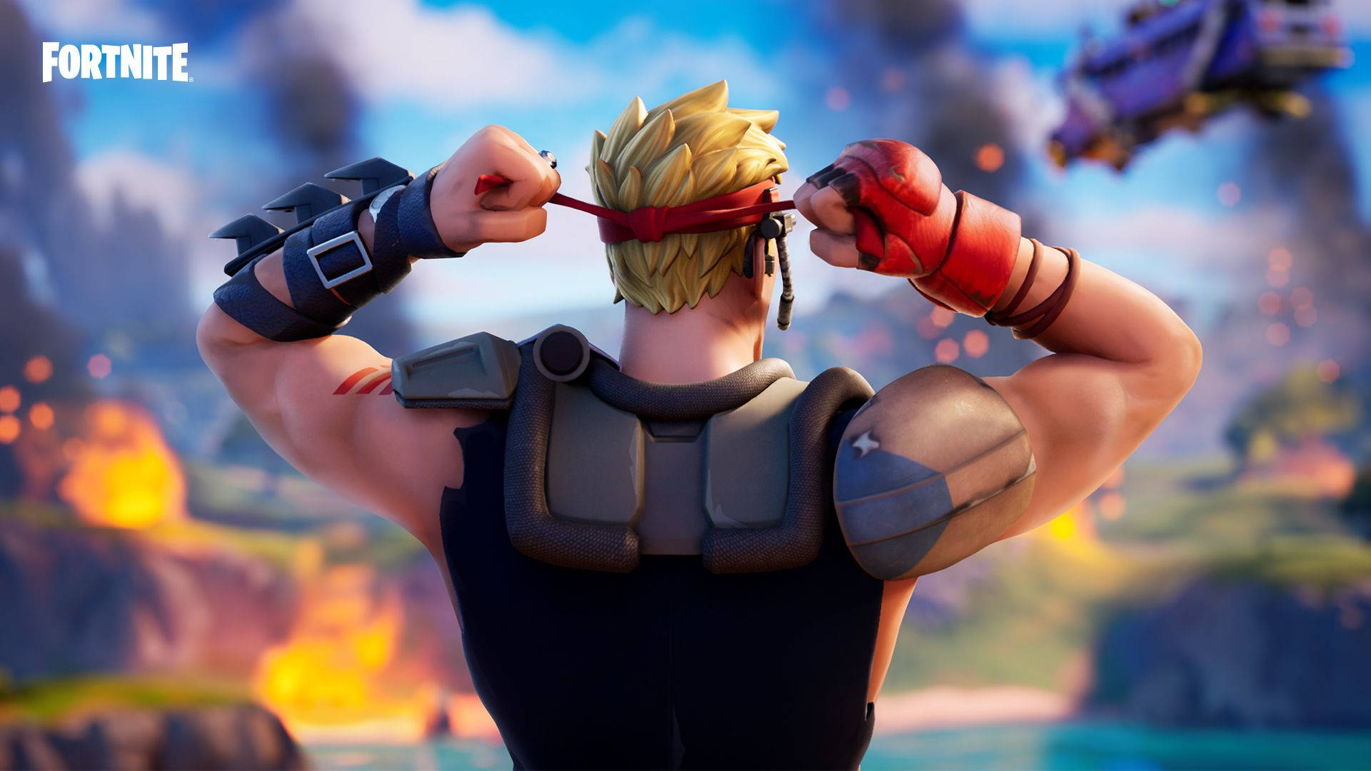 Fortnite Chapter 2 Season 6 桌布 壁紙 — 一個Fortnite角色，有著尖刺金髮，在充滿活力的日落背景下調整他的紅色頭帶，背景有遠處的爆炸和飛行車輛。