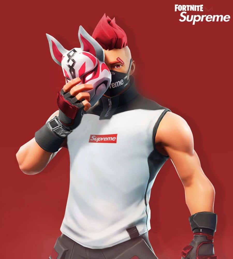 supreme 桌布 壁紙 — 一個Fortnite角色，紅色莫西干頭和狐狸面具，手持Supreme品牌面具，背景為純紅色。