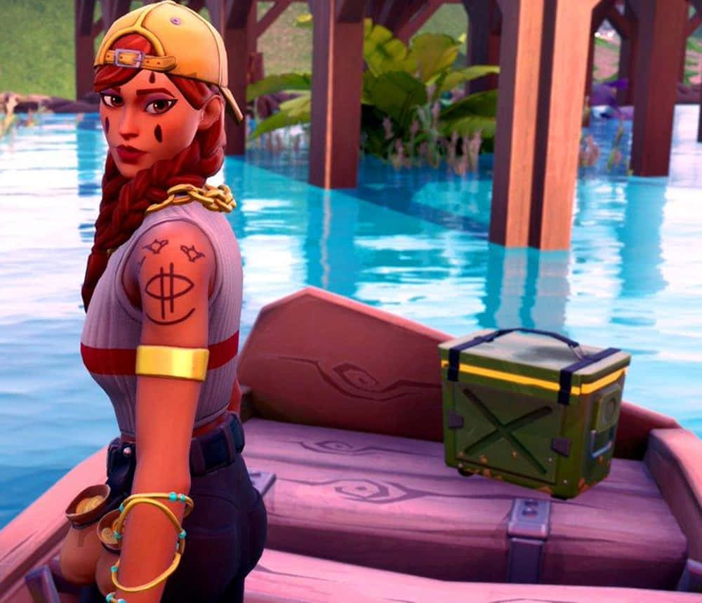 Fortnite 桌布 壁紙 — 一個Fortnite角色，紅色辮子頭髮和部落紋身，站在木船上，旁邊有一個綠色板條箱，在平靜的藍色水面上，下方是木製碼頭結構。