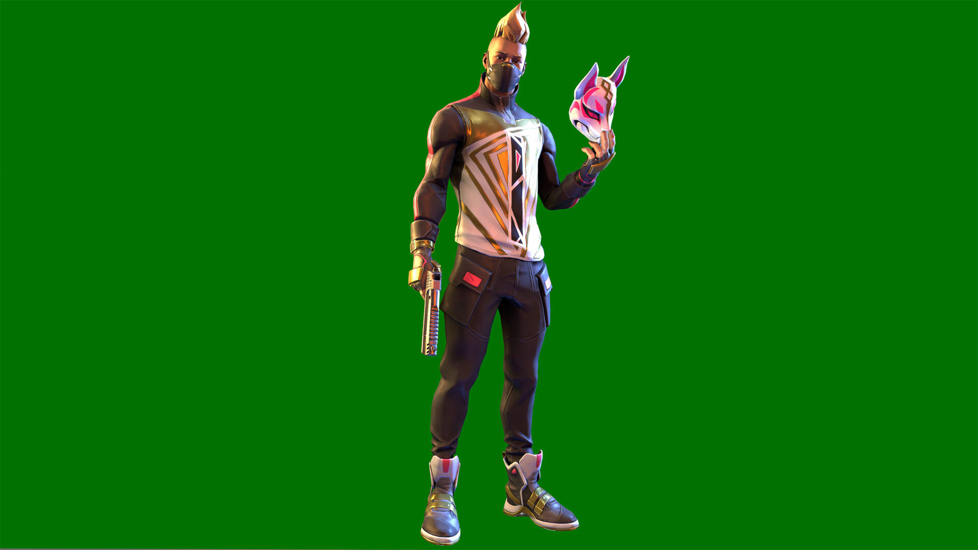 Drift 桌布 壁紙 — 一個Fortnite角色，頭髮尖尖，戴著面具，手持粉紅色狐狸面具，站在純綠色螢幕前。