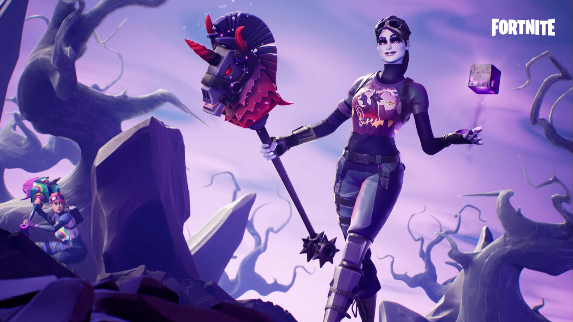 Fortnite Skins 桌布 壁紙 — 一個Fortnite角色在扭曲的紫色樹木中揮舞著惡魔狼牙棒，處於超現實的幻想景觀中。
