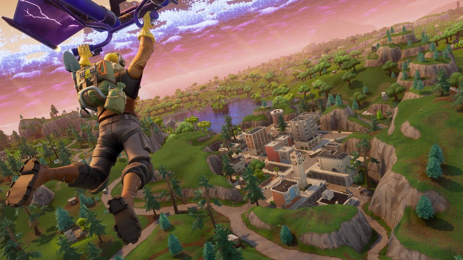 Fortnite 桌布 壁紙 — 一個Fortnite角色在日落時分跳傘越過一個色彩繽紛的山谷小鎮，有紫色雲朵和綠色山丘。