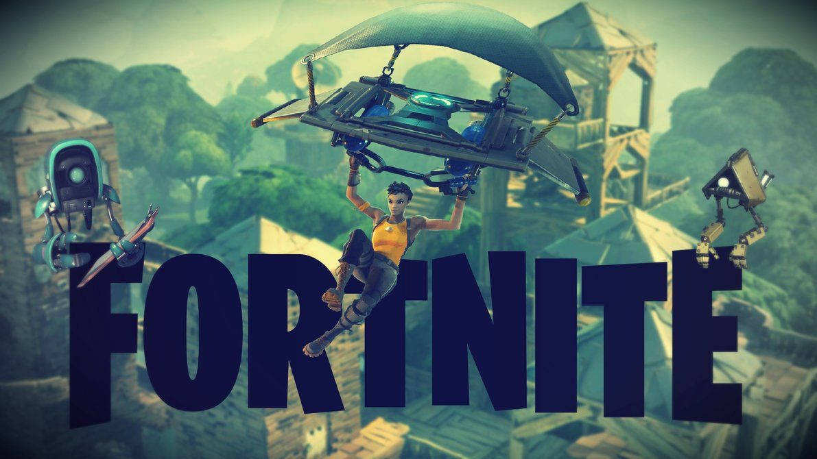 Fortnite 桌布 壁紙 — 一個Fortnite角色在茂密的綠色島嶼上滑翔，伴隨著機械同伴和一個大型遊戲標誌疊加。
