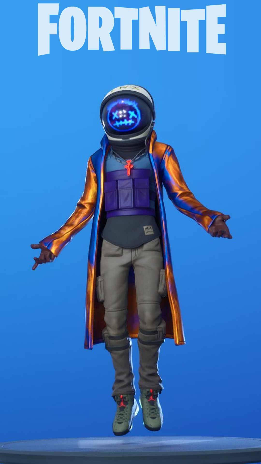 崔維斯·史考特 要塞英雄 桌布 壁紙 — 一個Fortnite角色戴著發光的太空人頭盔和彩虹色外套，漂浮在純藍色背景上。