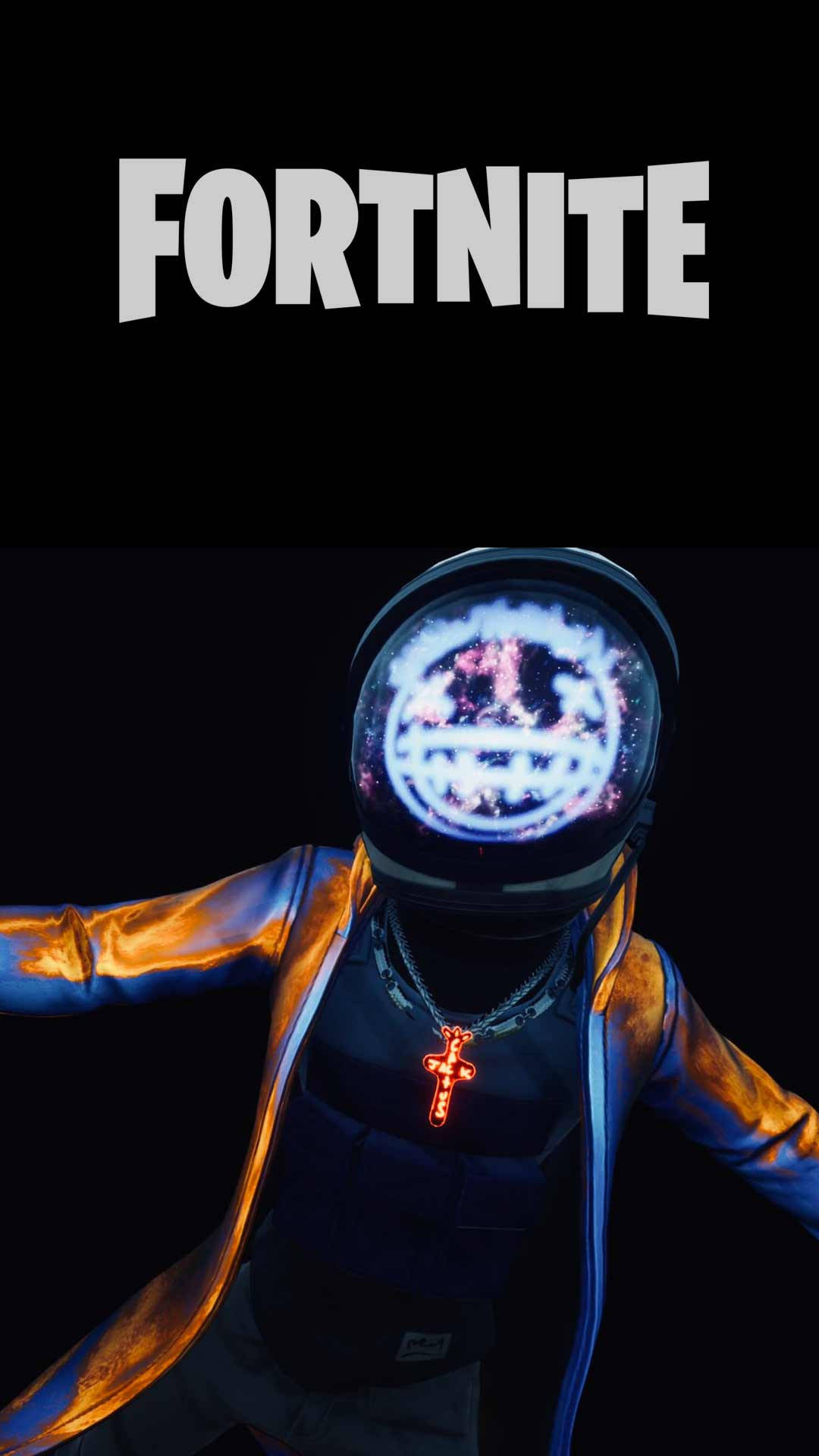 Travis Scott Fortnite 桌布 壁紙 — 一個Fortnite角色戴著發光頭盔，上面有宇宙笑臉，站在黑色背景前。