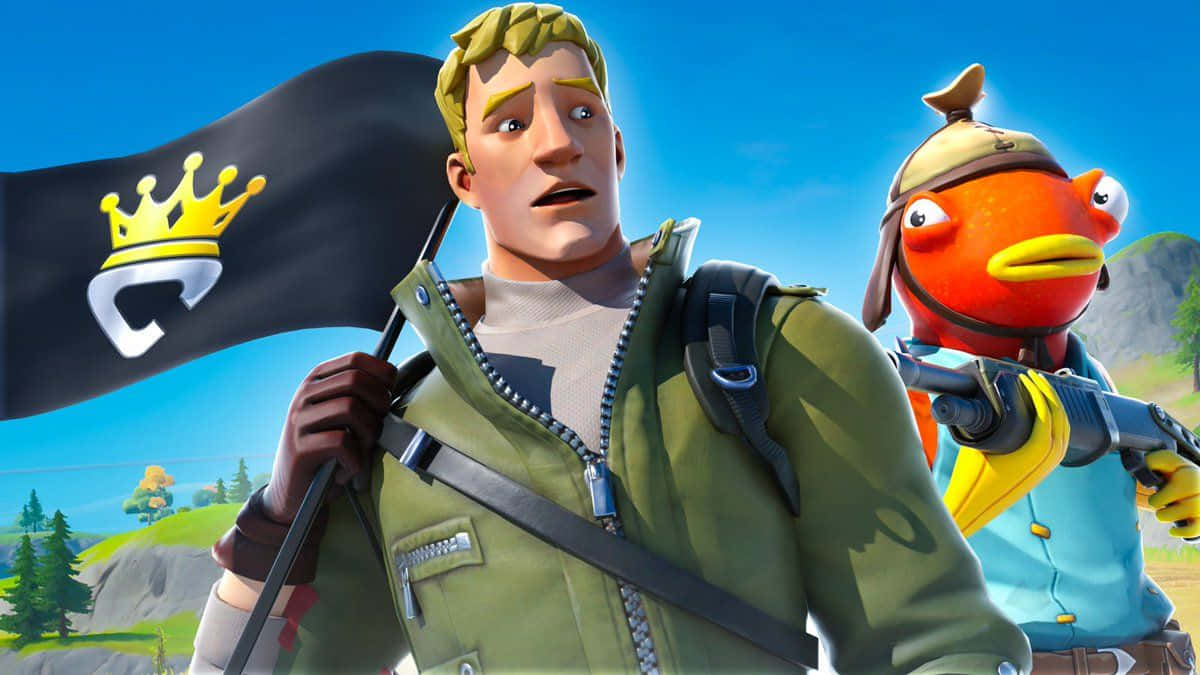 電玩遊戲 桌布 壁紙 — 一個Fortnite角色手持皇冠旗幟，站在一條紅色魚旁邊，在明亮的戶外遊戲場景中。