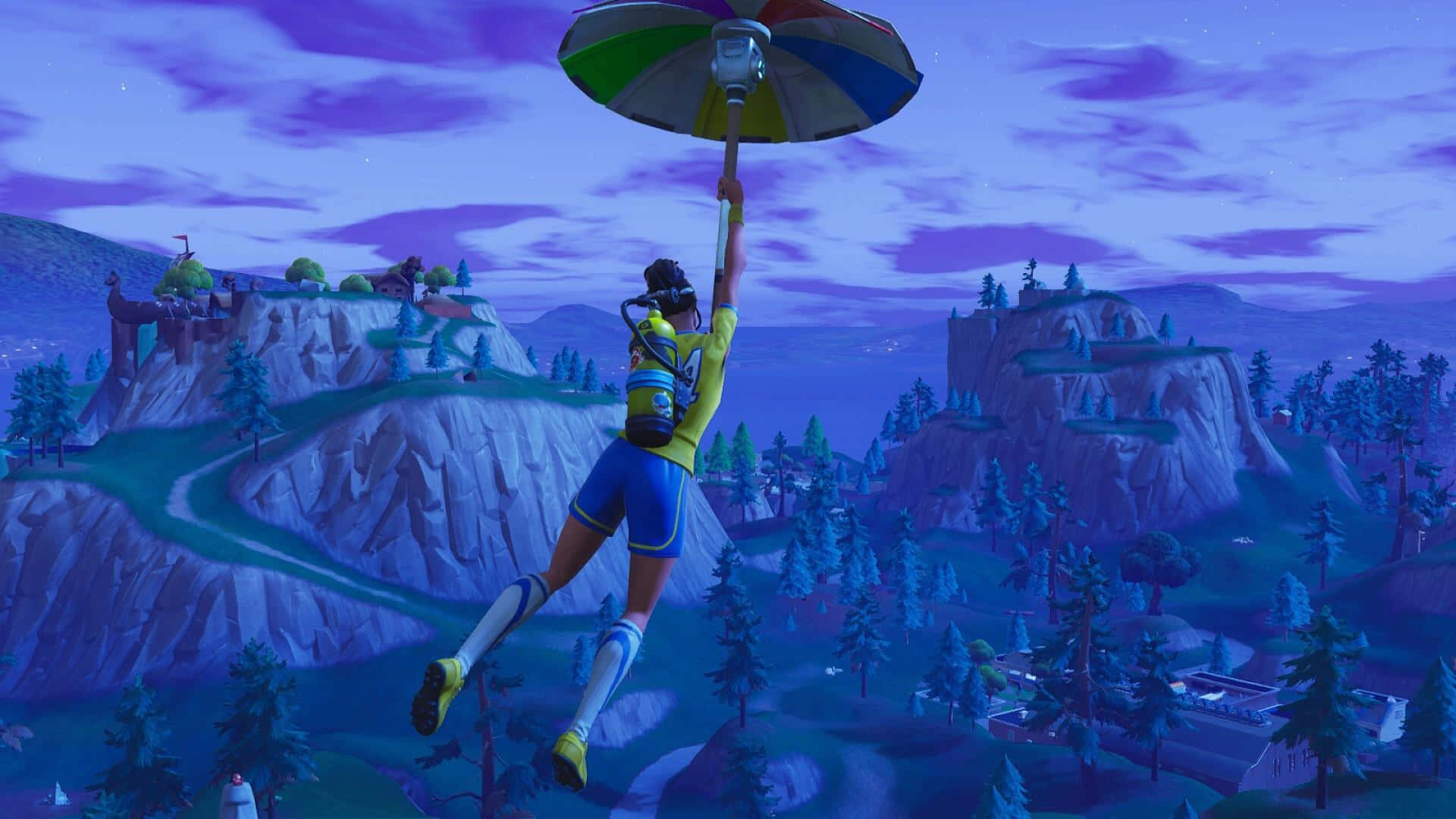 桌布 壁紙 — 一個Fortnite角色用彩虹傘跳傘，越過紫色暮色景觀，有岩石懸崖和松樹。