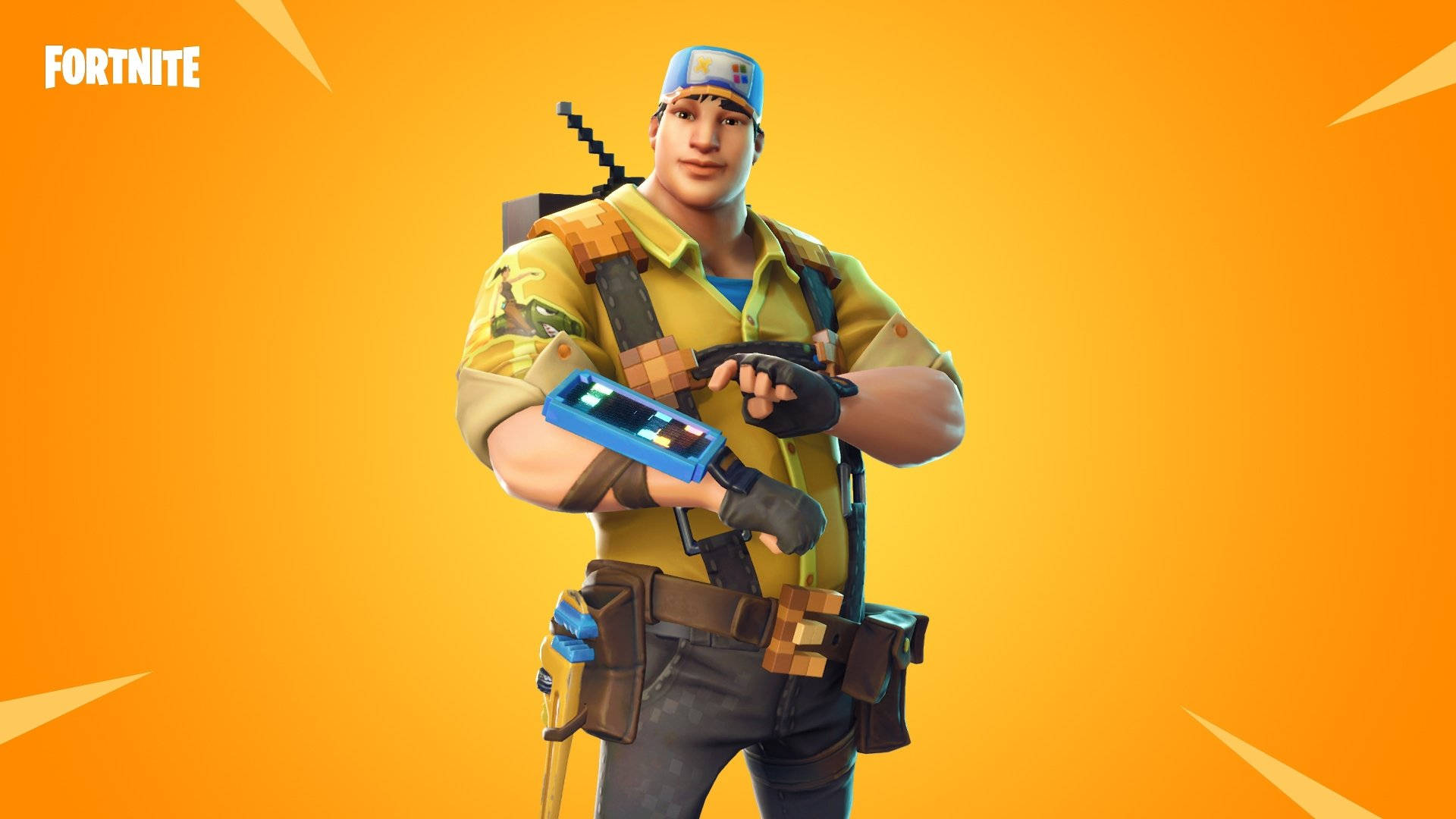 Fortnite 縮圖 桌布 壁紙 — 一個Fortnite角色穿著像素化黃色裝備，手持藍色武器，背景是鮮豔的橙色漸層。