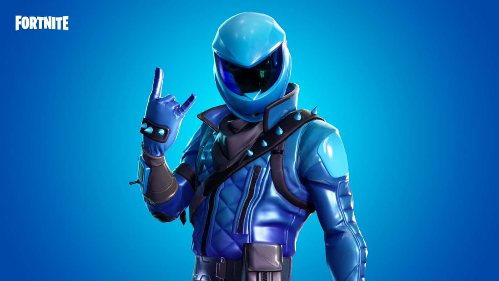 Fortnite Skins Battle Royale 桌布 壁紙 — 一個Fortnite角色穿著閃亮藍色盔甲，在純藍色背景前做出搖滾手勢。