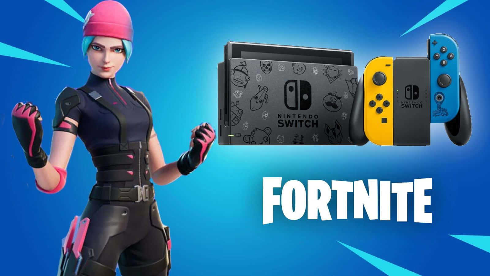 Fortnite角色在藍色背景的Nintendo Switch主機旁邊。 — 任天堂Switch 動圖 壁紙