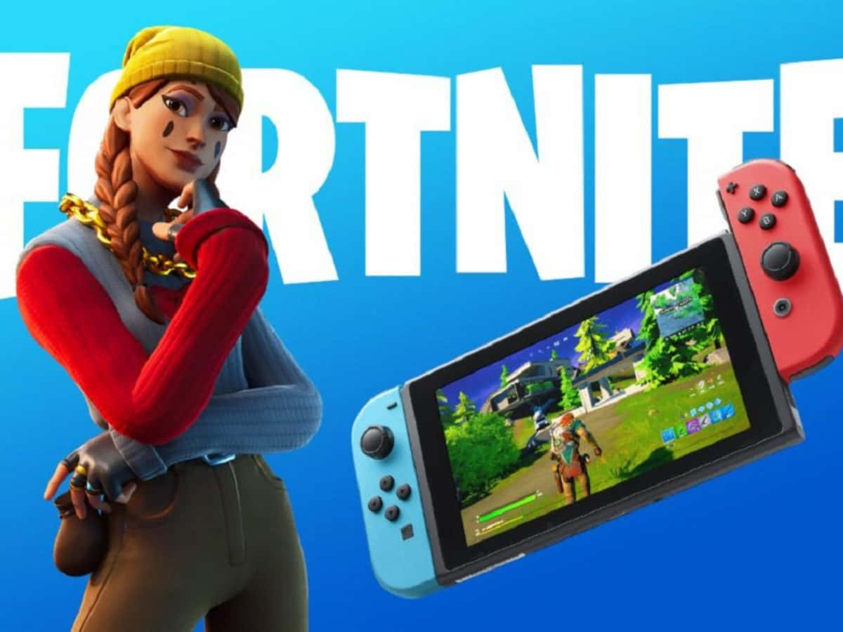 Console Game 桌布 壁紙 — 一個Fortnite角色站在一台顯示遊戲的Nintendo Switch旁邊，背景為明亮的藍色。