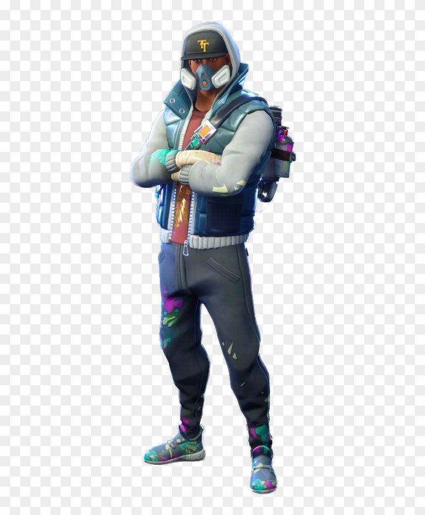 電玩遊戲 桌布 壁紙 — 一個Fortnite角色自信地交叉雙臂站立，穿著防毒面具連帽背心和濺滿油漆的裝備。