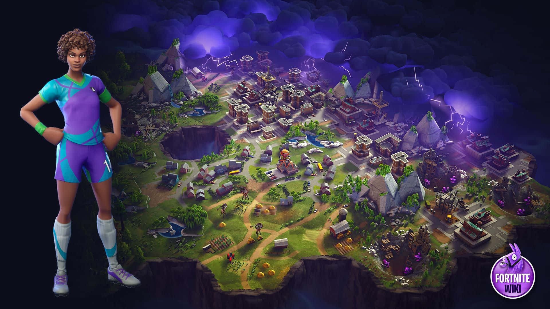 Fortnite Soccer Skin 桌布 壁紙 — 一個Fortnite角色自信地站在一個有閃電和古代遺跡的暴風雨島嶼地圖前。