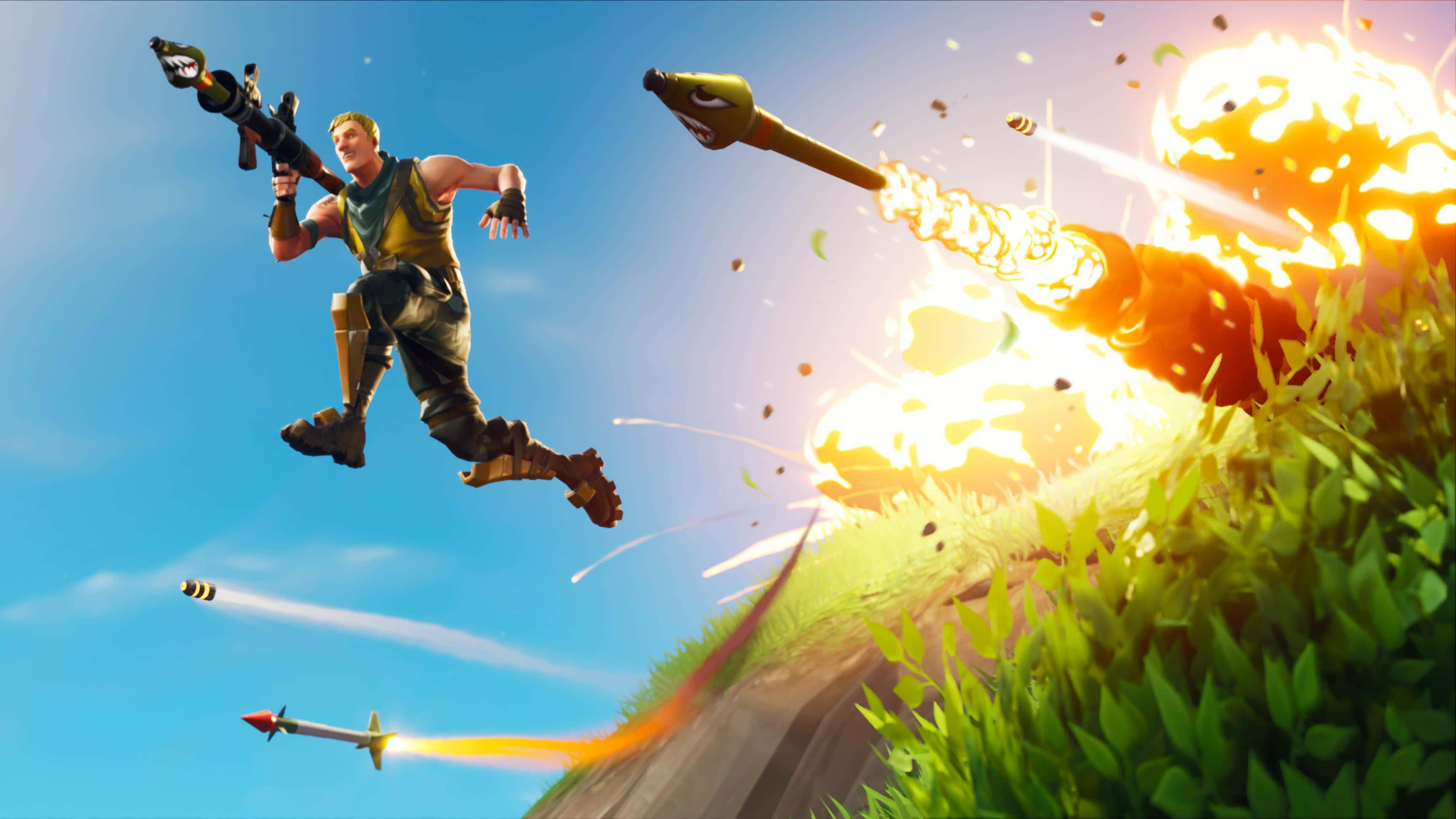 電玩遊戲 桌布 壁紙 — 一個Fortnite角色跳躍在空中發射火箭炮，身後在青翠山丘上爆炸四起，天空湛藍明亮。