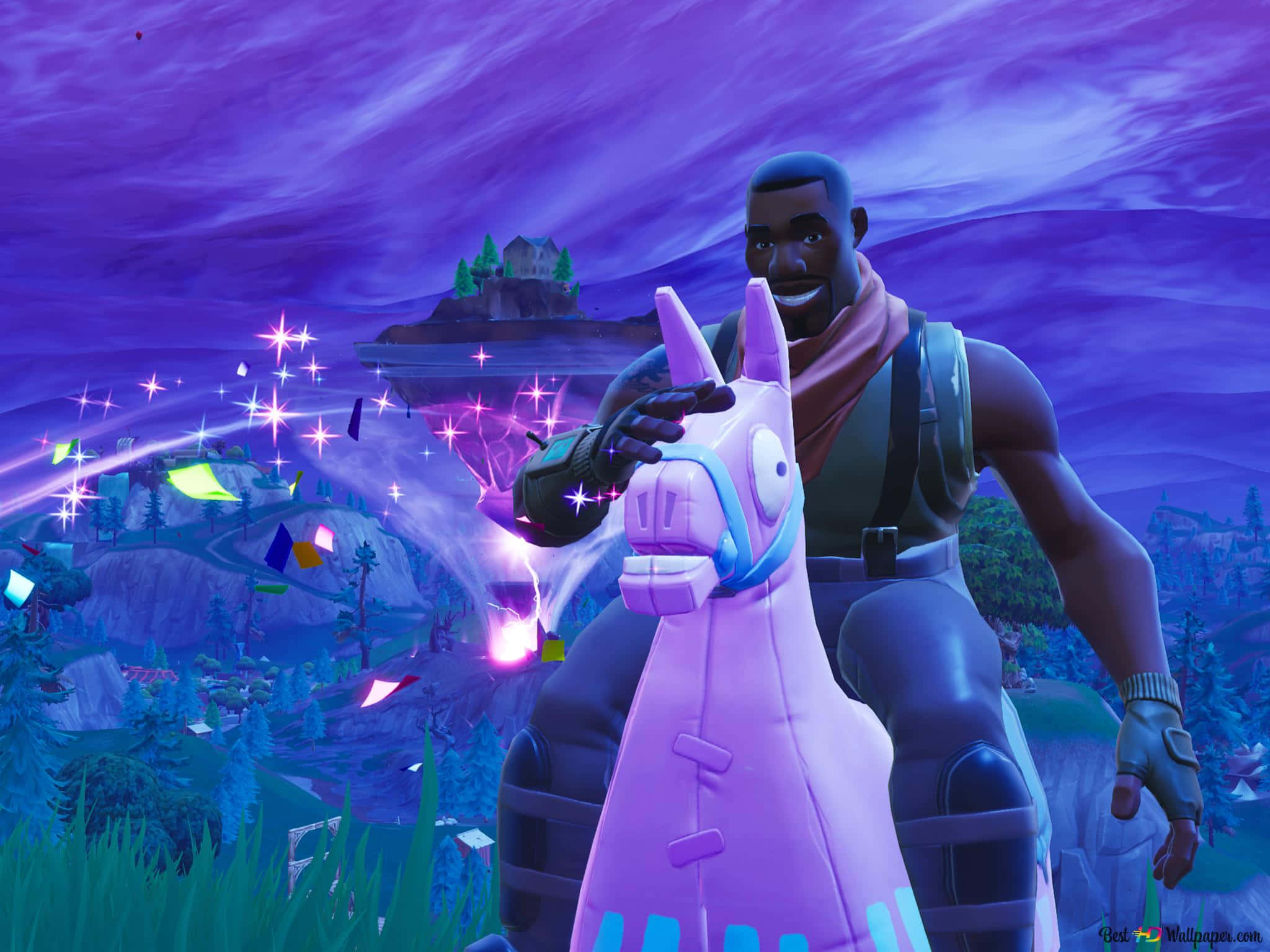 遊戲 桌布 壁紙 — 一個Fortnite角色騎著發光的粉紅色羊駝，穿越充滿浮島和閃爍效果的紫色暮色景觀。
