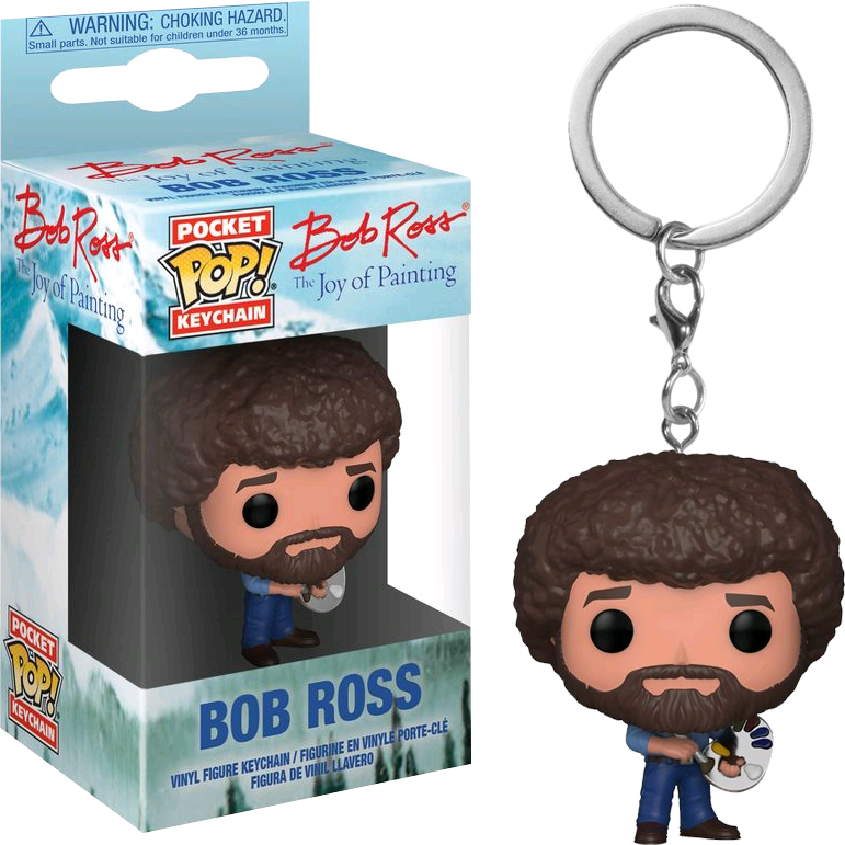 Funko Pop 桌布 壁紙 — 一個Funko Pocket Pop! Bob Ross手持調色盤的乙烯基鑰匙圈，旁邊是其原裝包裝。