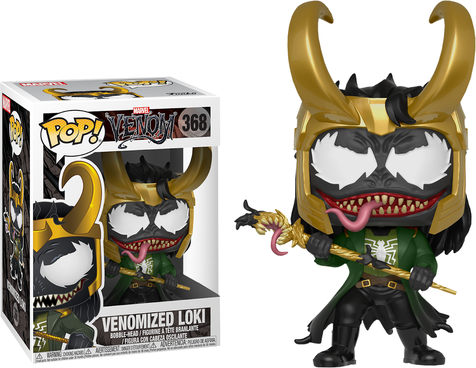 洛基 桌布 壁紙 — 一個Funko Pop! 毒液洛基的乙烯基人偶，擁有金色角和權杖，展示在其收藏盒旁邊。