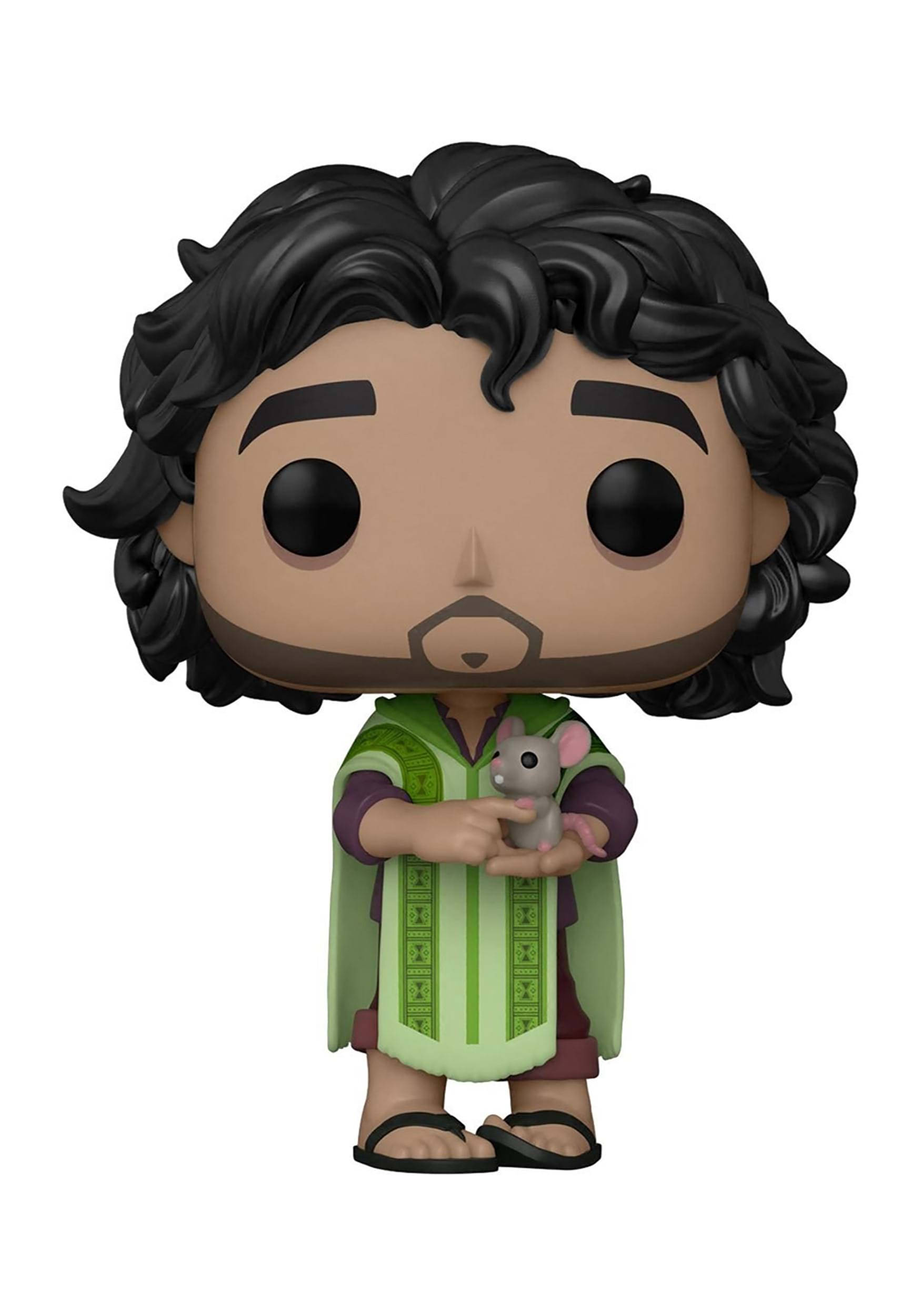 Bruno Madrigal 桌布 壁紙 — 一個Funko Pop公仔，一個黑色捲髮和鬍鬚的男人，在白色背景前抱著一個小老鼠絨毛玩具。