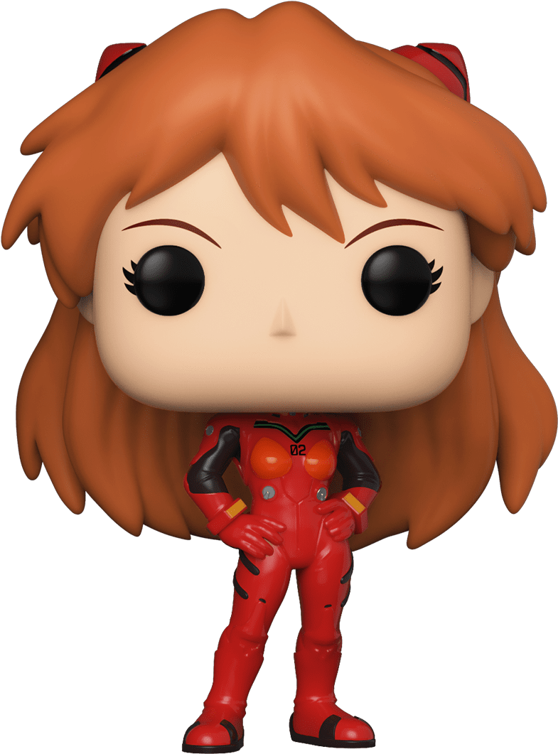 新世紀福音戰士 桌布 壁紙 — 一個Funko Pop公仔，明日香·蘭格雷穿著紅色戰鬥服，橙色頭髮，黑色眼睛，背景為黑色。