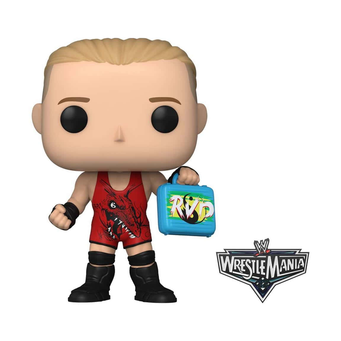 Funko Pop 桌布 壁紙 — 一個Funko Pop公仔，是摔角手Randy Orton，穿著紅色摔角裝備，拿著一個有WWE WrestleMania標誌的藍色午餐盒。