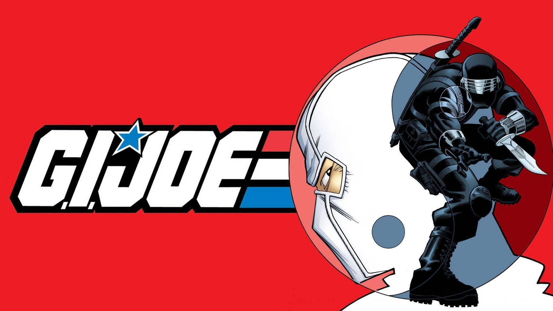 Gi Joe 桌布 壁紙 — 一個G.I. Joe標誌，黑色裝備的忍者士兵在鮮紅色背景上，旁邊有一個白色頭盔，手持一把刀。