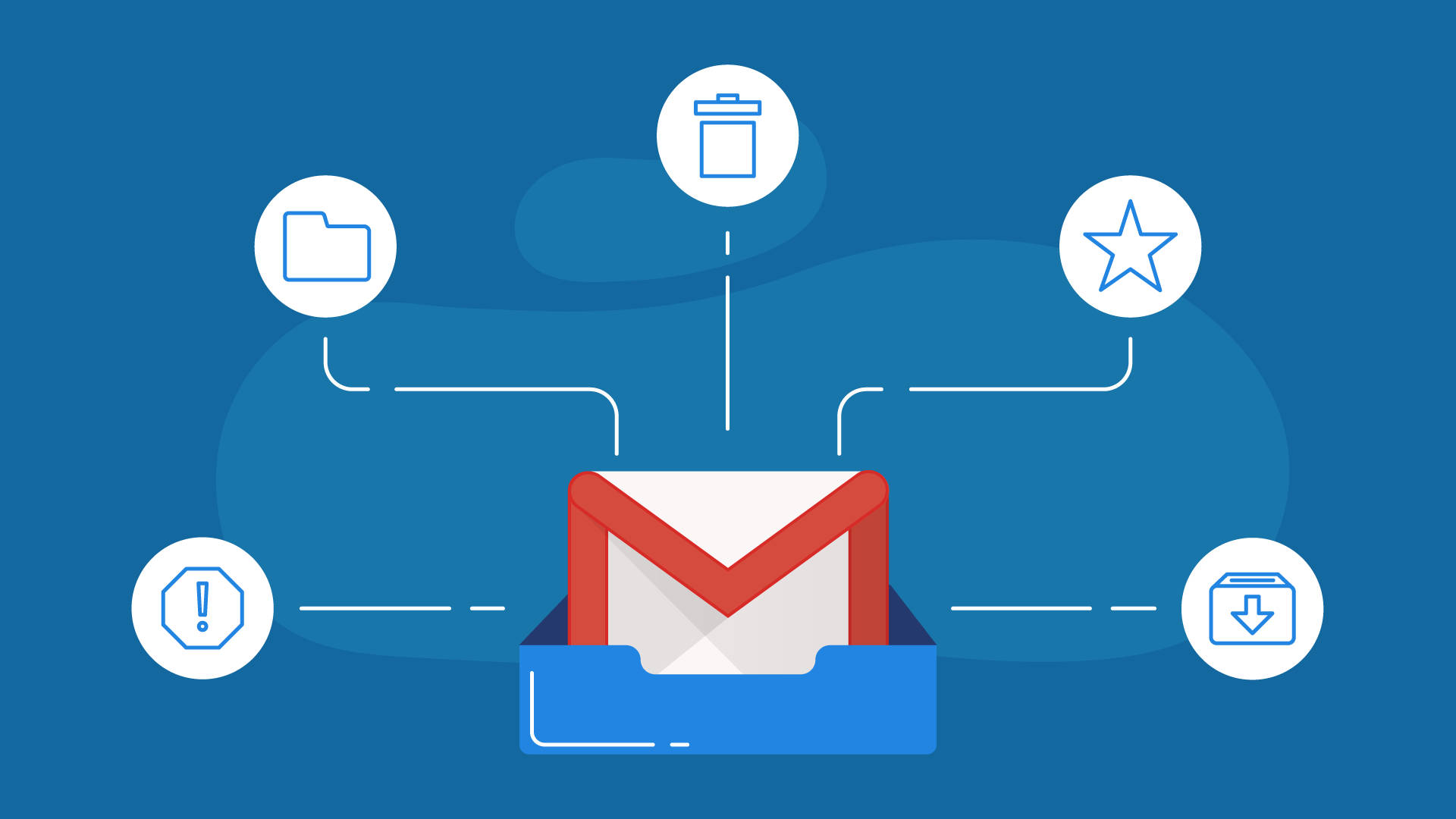 Gmail 動圖 桌布 壁紙 — 一個Gmail信封圖示，周圍環繞著資料夾、垃圾桶、星號、下載和警示圖示，背景為藍色漸層。