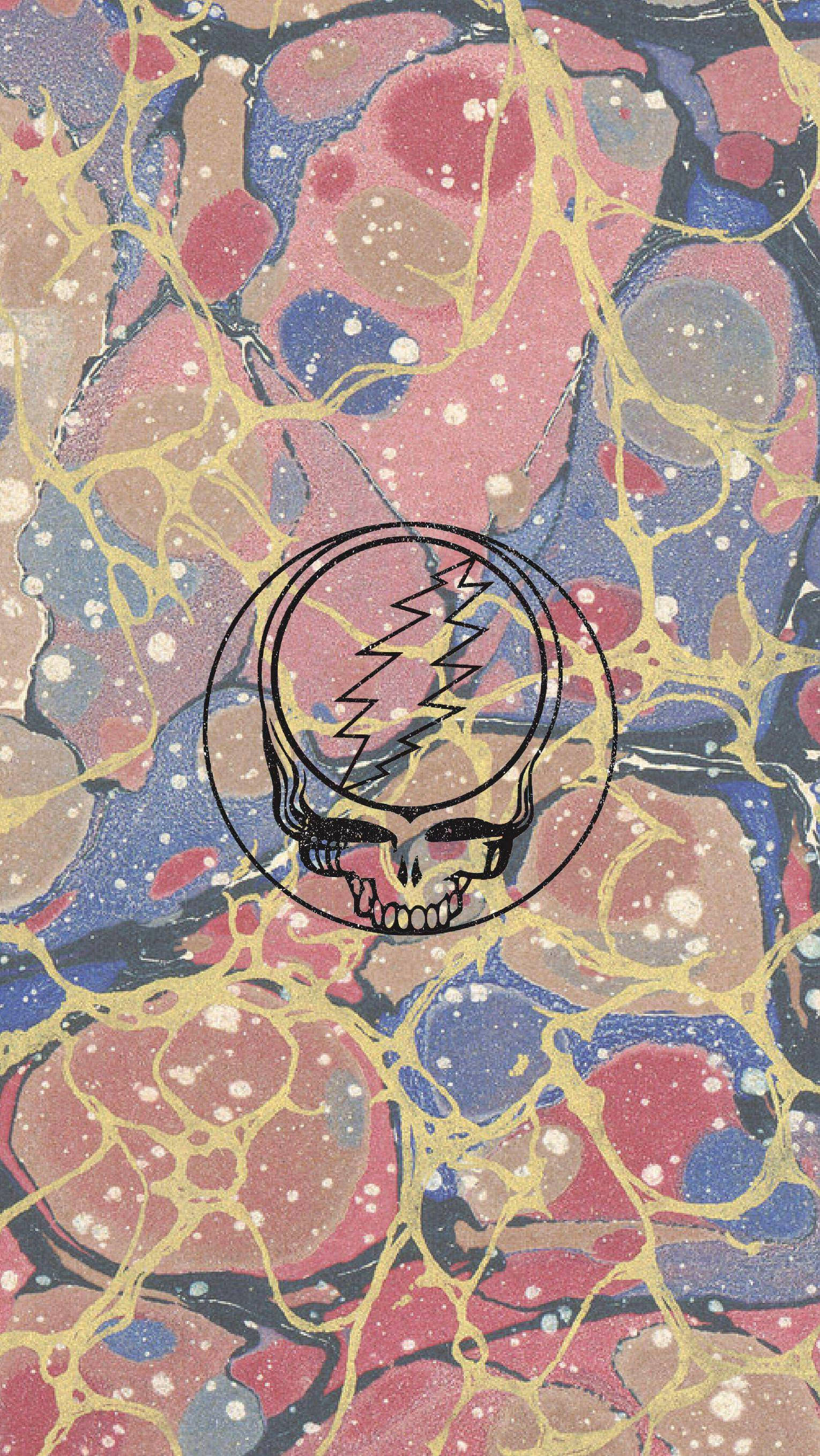 dead 桌布 壁紙 — 一個Grateful Dead骷髏標誌漂浮在充滿活力的粉紅色、藍色和金色漩渦及白色斑點的大理石背景上。