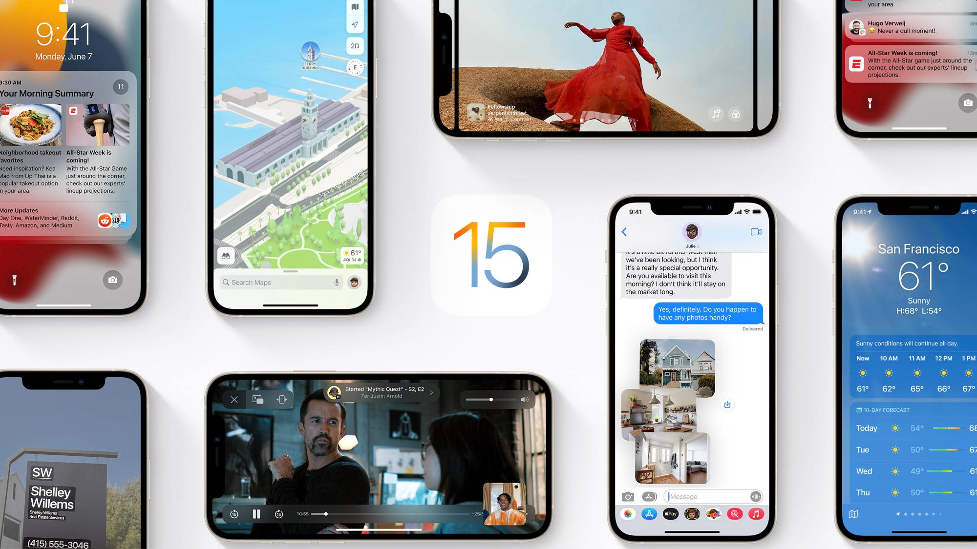 iOS 15 桌布 壁紙 — 一個iPhone螢幕拼貼畫，展示iOS 15功能，如地圖、天氣、訊息和應用程式介面，背景為乾淨的白色。