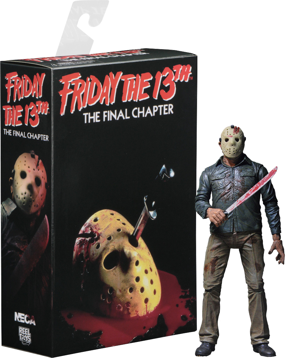 傑森·沃爾希斯 桌布 壁紙 — 一個Jason Voorhees人偶站在他的電影盒旁邊，盒上有一個被刀刺穿的沾血曲棍球面具。