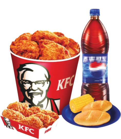 肯德基 桌布 壁紙 — 一個KFC桶裝脆皮炸雞，配上玉米卷和一瓶百事可樂，放在藍色盤子上。