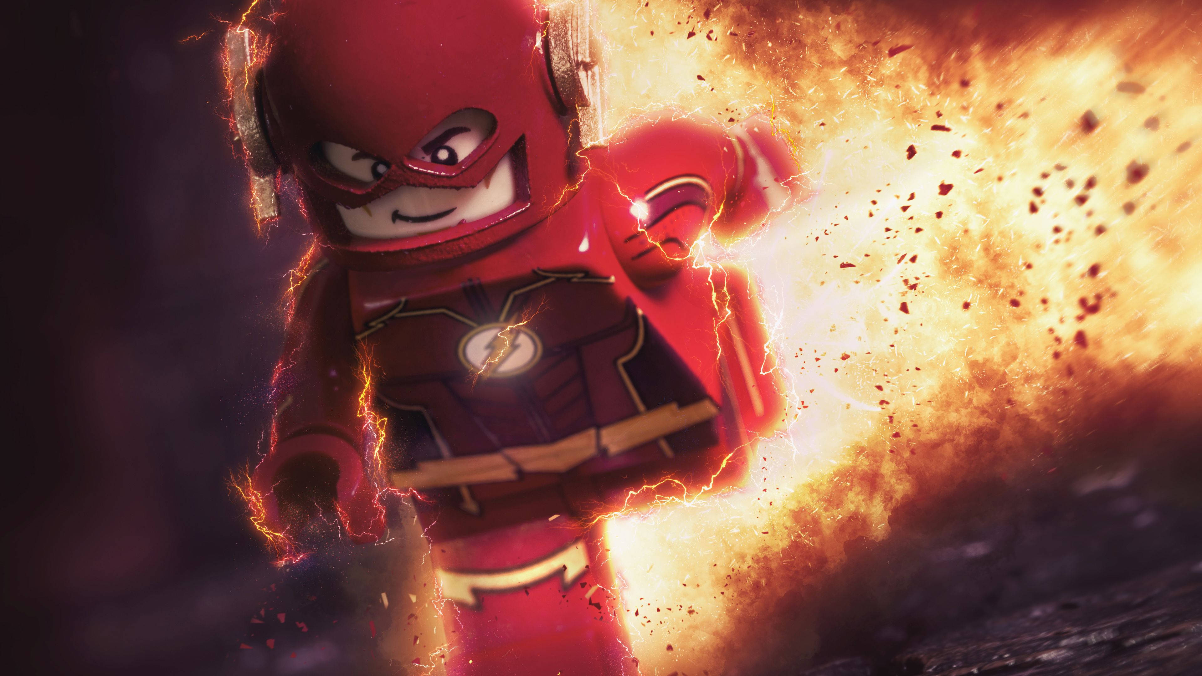 樂高 桌布 壁紙 — 一個LEGO Flash人偶在黑暗背景下以電能和火熱動作向前衝刺。