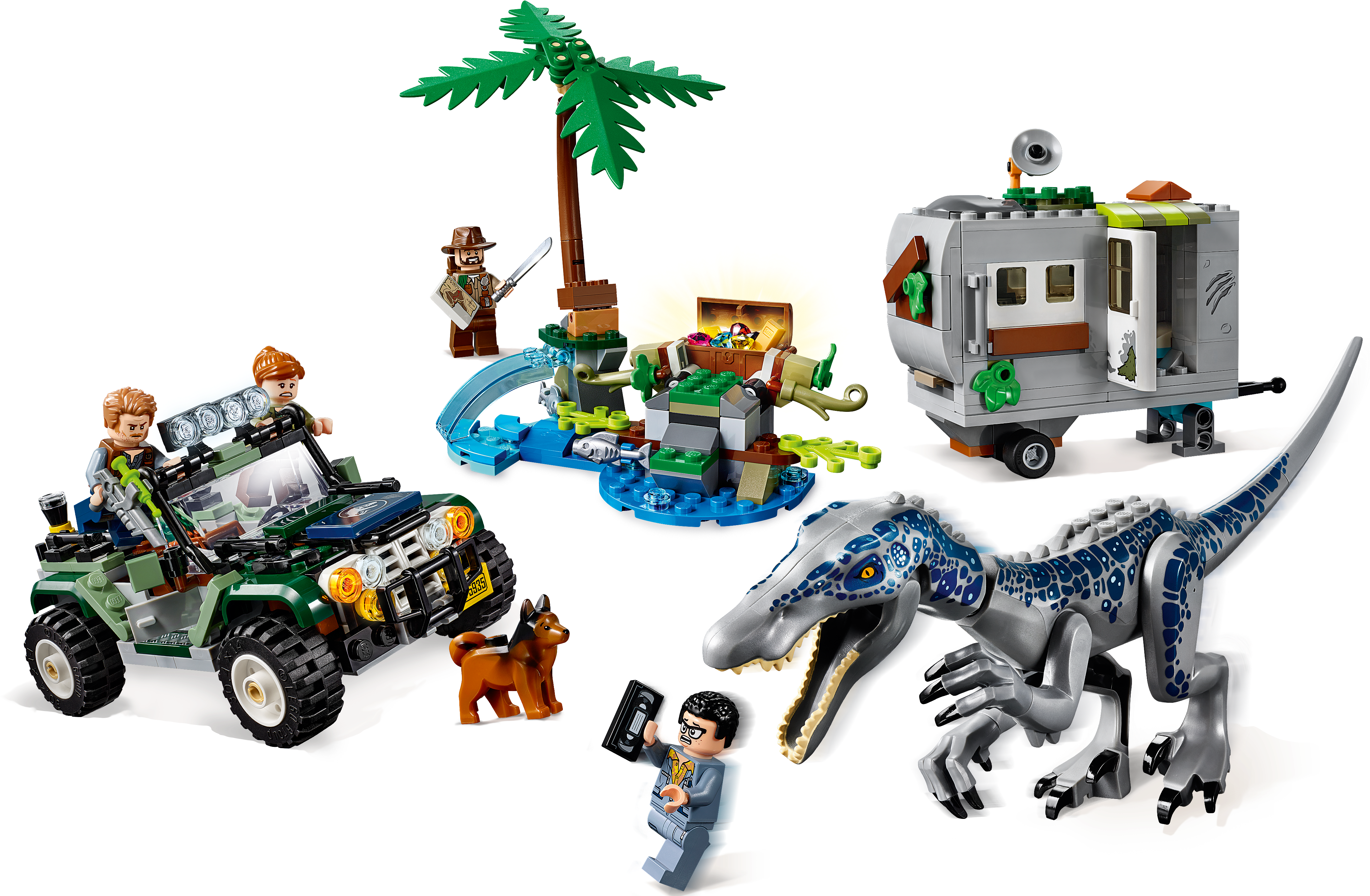侏羅紀世界 桌布 壁紙 — 一個LEGO Jurassic World場景，包含藍色迅猛龍、吉普車、露營車和叢林元素，背景為黑色。