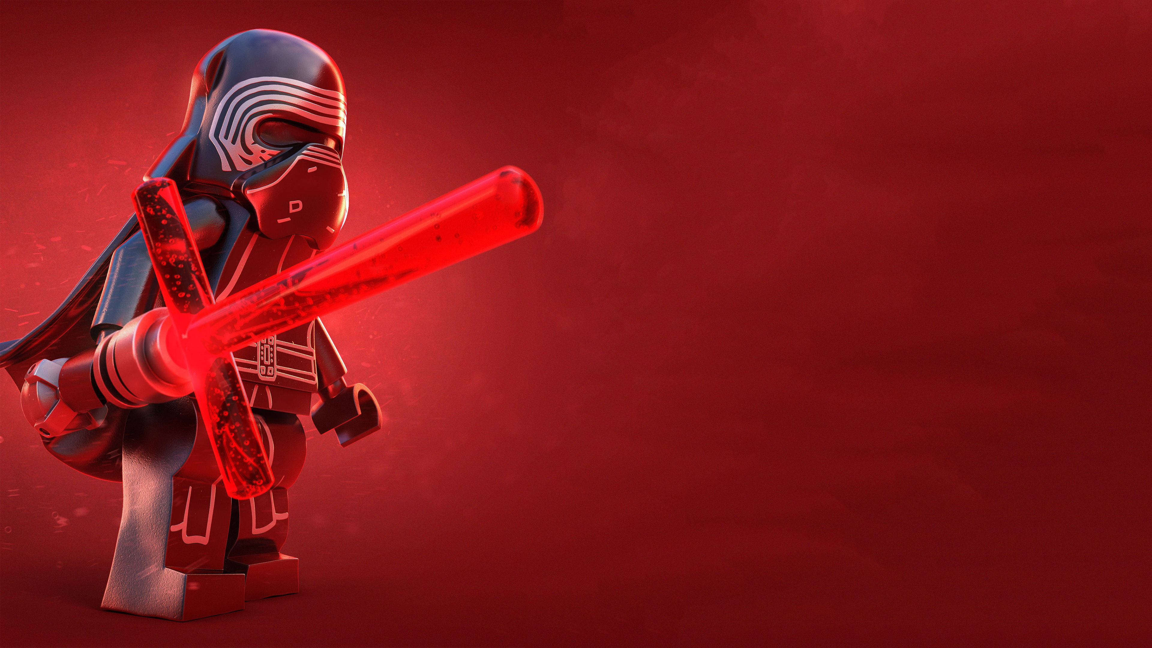 樂高 桌布 壁紙 — 一個LEGO Kylo Ren以戲劇性的姿勢站立，手持發光的紅色光劍，背景為深紅色。