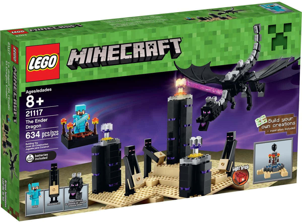 Ender Dragon 桌布 壁紙 — 一個LEGO Minecraft套裝，包含一隻黑色終界龍在終界柱上方飛翔，還有終界使者和一個發光的終界箱。